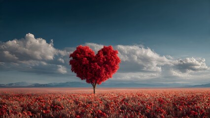 A Vibrant Heart Shaped Tree Stands in a Field of Red Flowers Under a Dramatic sky