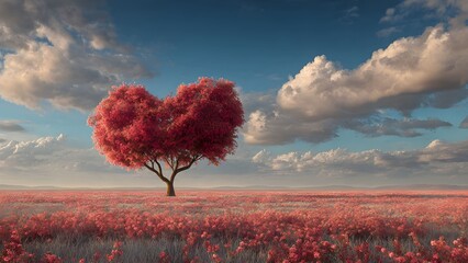 A Vibrant Heart Shaped Tree Stands in a Field of Red Flowers Under a Dramatic sky