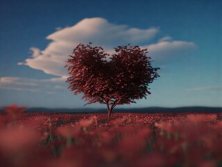 A Vibrant Heart Shaped Tree Stands in a Field of Red Flowers Under a Dramatic sky