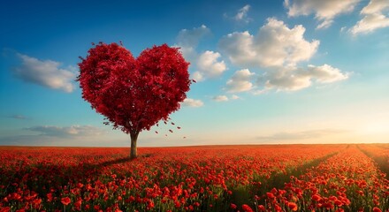 A Vibrant Heart Shaped Tree Stands in a Field of Red Flowers Under a Dramatic sky