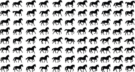 Naklejka premium Horse silhouette set, walking trotting icon, animal motion study, equine posture design, black white artwork, sequential movement, flat vector illustration
