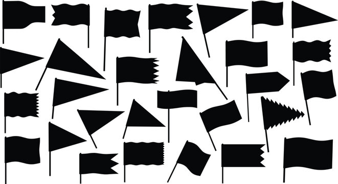 Flag silhouette set, banner icon, wavy jagged triangular rectangular design, symbol graphic artwork, black white collection, flat vector illustration