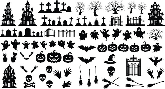 Halloween silhouette set, haunted house ghost bat cat pumpkin icon, spooky holiday symbol, scary design artwork, black white, flat vector illustration