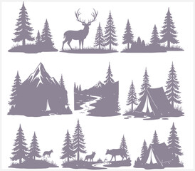 Fototapeta premium Deer and trees silhouettes in forest landscape scenes