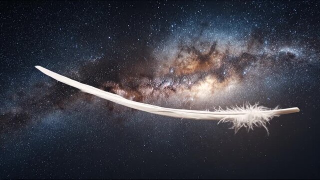 A white feather floats gracefully against a backdrop of a swirling, starry night sky