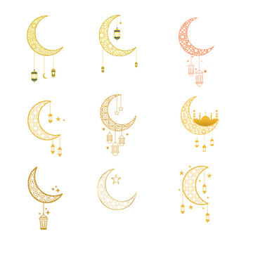 Ramadan hanging crescent moon decorative vector set with stars and lanterns in golden flat style.