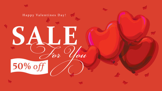 Valentine sale vector banner, horizontal sale banner with hearts, St. Valentine's discount