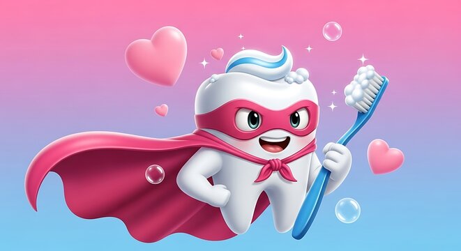 Cartoon Tooth Superhero with Toothbrush and Cape.