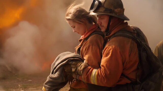 Firefighter carrying rescued young woman through thick smoke near wildfire flames in orange haze