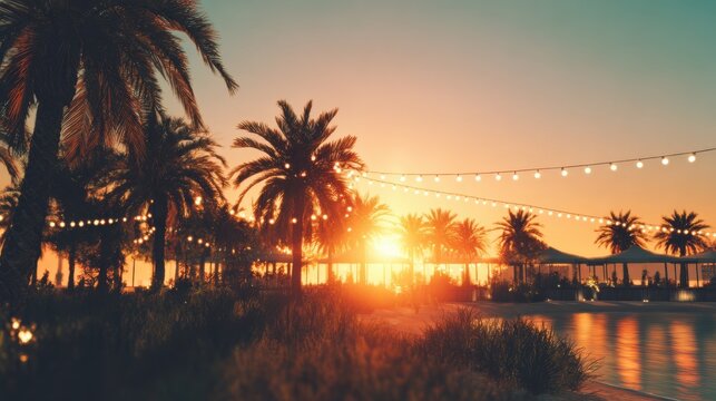 Palm trees glow in sunset light at seaside location with bright string lights