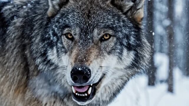 Close up of a gray wolf in a snowy winter environment