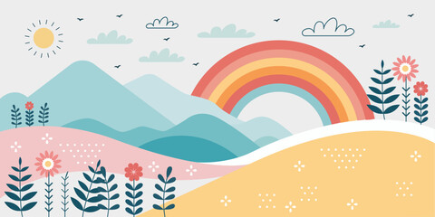 Pastel landscape illustration with rainbow mountains flowers and sunshine background for kids nursery wall art children book cover greeting card and playful design.ai © MOSTTASLIMA