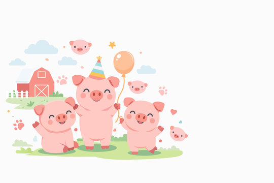 Cute cartoon pig family illustration with happy baby pigs birthday party balloon farm background for kids book nursery poster greeting card and children design.ai