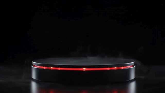A minimalist black product podium illuminated with a red light, set against a dark, moody background, creating an intriguing backdrop for product display.