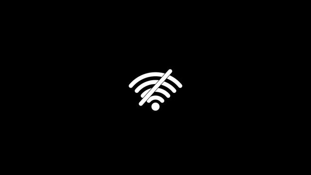 Animated no wifi icon on black background. White color Wifi error icon. 4k