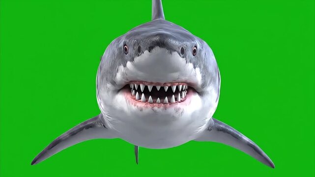 Great White Shark Attack 3D Animation &ndash; Realistic Shark Opening Mouth and Biting on Green Screen Background, Front View Action