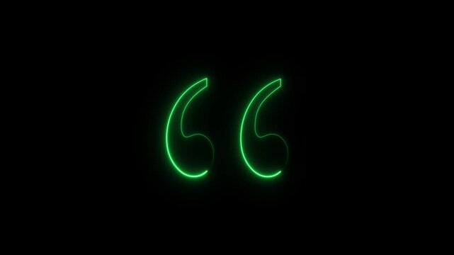 Glowing neon quotation Mark icon on black background.
