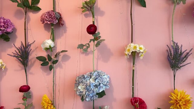 Beautiful Pink Floral Wall with Diverse Colorful Spring Flowers Decoration Video