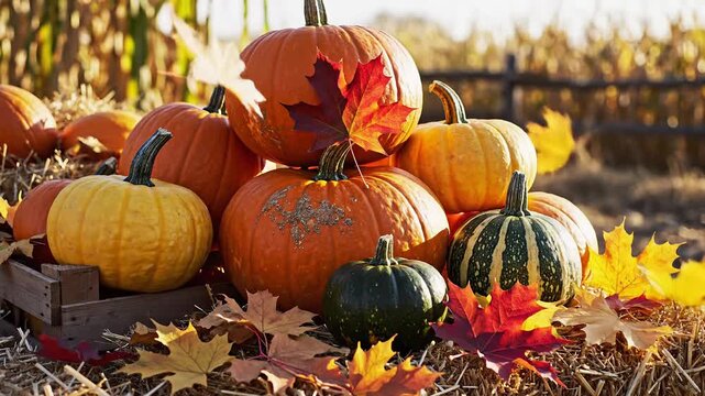Autumn harvest pumpkins and colorful fall leaves on hay bales, outdoor farm scene