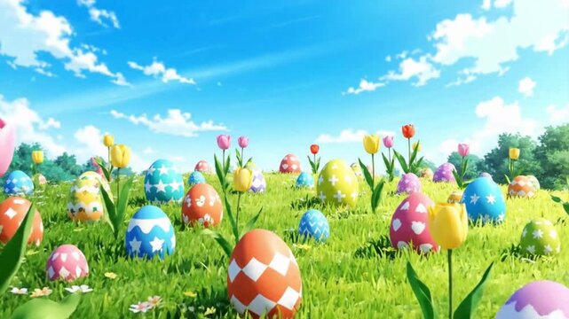 Easter eggs in vibrant meadow, capturing the essence of spring joy and Easter celebration. 
