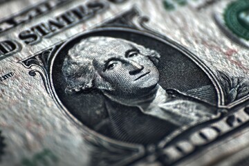 Realistic dollar wallpaper background featuring an intricate close-up of a one-dollar bill showcasing the detailed portrait of George Washington