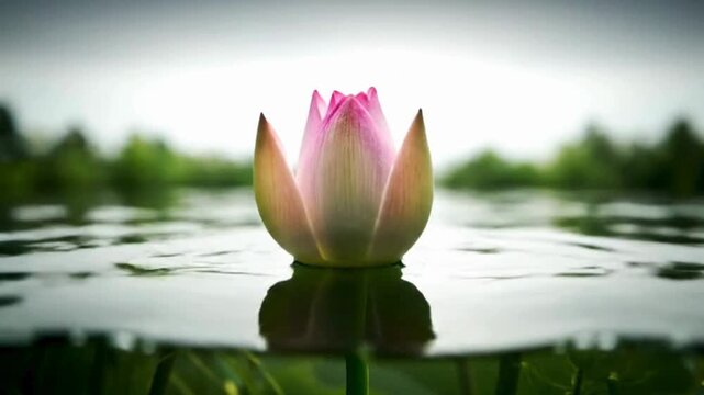 A serene close-up of a pink lotus flower in full bloom, gracefully floating on tranquil water, showcasing delicate petals and reflections.