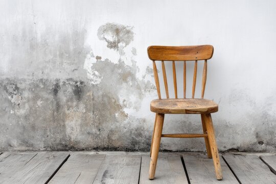 Simple wooden spindle back chair rests against a textured, aged wall above floorboards