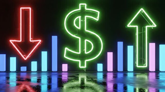 Fluorescent dollar sign with up and down arrows financial trend concept