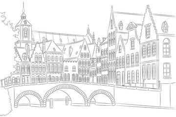 Fototapeta premium Black and White Vector of Historic Bruges, Belgium