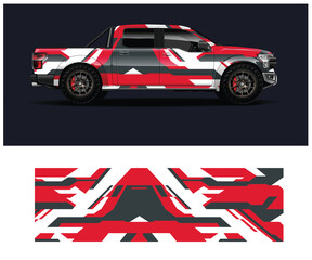 Fototapeta premium Red and white camouflage pickup truck with side design pattern