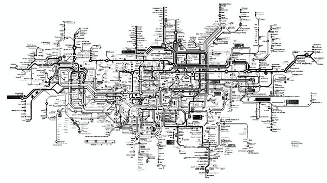 Complex schematic map featuring a network of interconnected lines and stations with multiple labels