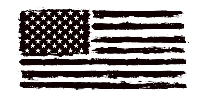 Grunge USA Flag. American flag brush paint texture. Black and white national symbol