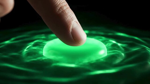 Digital interaction: finger touching green button with glowing effect
