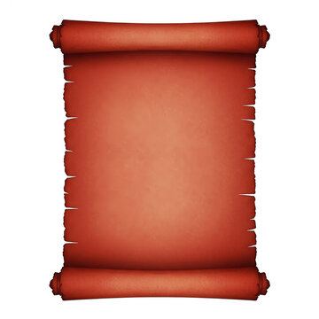Ancient red scroll with torn edges and rolled ends isolated on transparent background