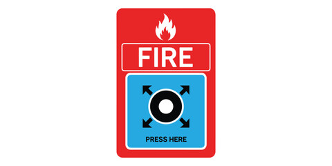 Fire alarm button sign with arrows on blue and red background isolated on white background