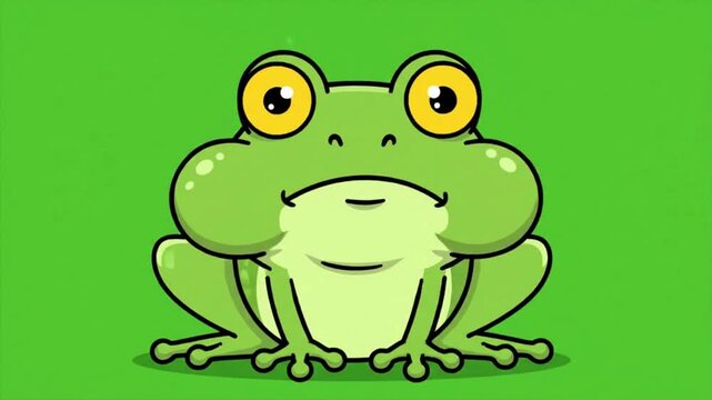 A charming cartoonish illustration of a green frog with big, expressive eyes, set against a vibrant green backdrop.