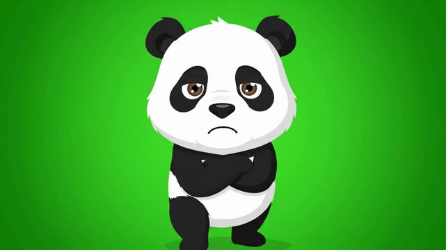 An animated panda with a discontented expression standing against a plain green backdrop, highlighting the emotion in this adorable and relatable character.
