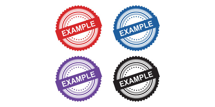 Four example stamps in red, blue, purple, and black isolated on white background