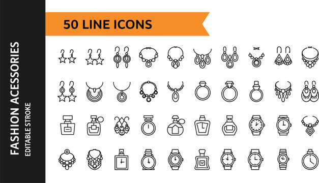 Set of 50 Fashion Accessories Line Icons Featuring Editable Stroke Symbols for Jewelry Necklace Earrings Rings Watches Perfume and Luxury Beauty Design