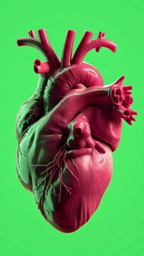 Realistic 3D human heart animation on green screen, chroma key background, 4K medical visualization for education, healthcare, and scientific videos vertical.