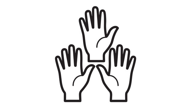 Hands with open palms and extended fingers in a collaborative gesture, symbolizing unity, cooperation, and mutual support, depicted in bold black line art with simplified, stylized forms.