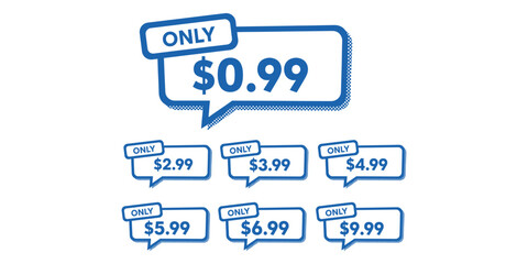 Blue speech bubble price labels isolated on white background
