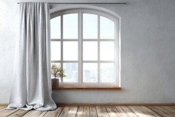 Fototapeta premium Interior room displays an arched window with flowing drapery beside a textured wall