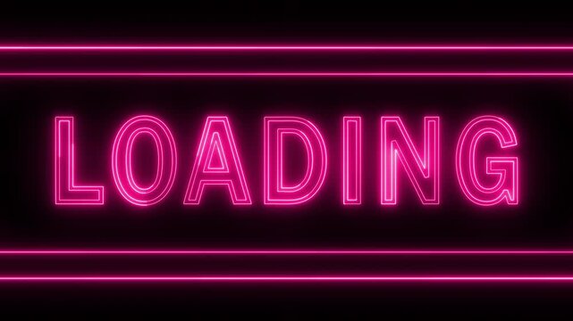 Glowing pink neon 'LOADING' text animation with two horizontal lines on a black background, indicating progress, system status, data processing, or website indicator
