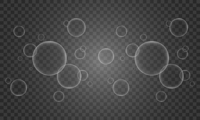 Realistic transparent soap bubbles with rainbow reflection. Isolated set composition.