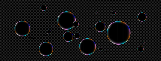 Realistic transparent soap bubbles with rainbow reflection. Isolated set composition.