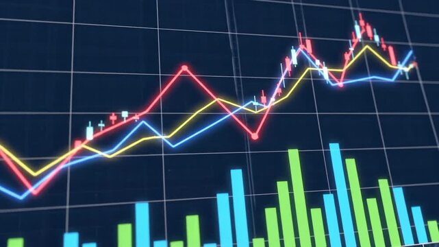 Financial stock market data graph with trading volume and price fluctuations