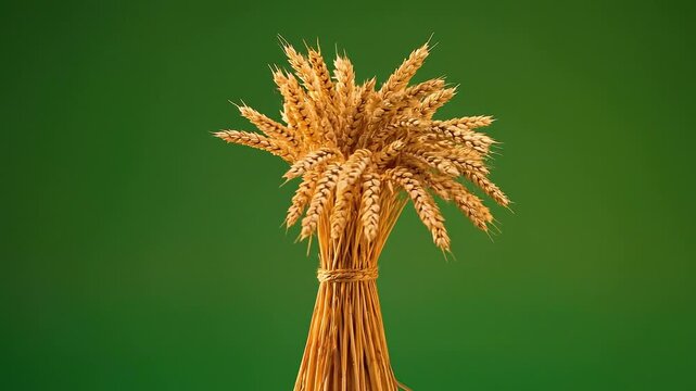 Rotating bunch of golden ears of wheat tied with twine against a vibrant green background