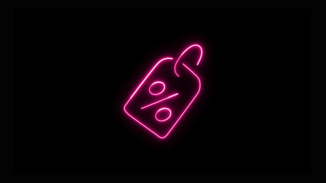 Single glowing neon pink percentage tag line animation revealing on a black background, retail offer, special deal, seasonal promotion, online commerce, or shopping event