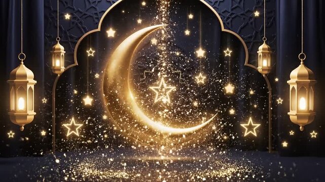 Ramadan Kareem Glowing Crescent Moon, Ramadan Greeting Background Animation